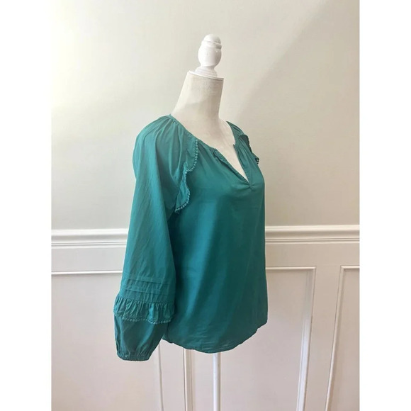 J. Crew Ruffle Trim Peasant Top Green Cotton XS - Picture 4 of 5